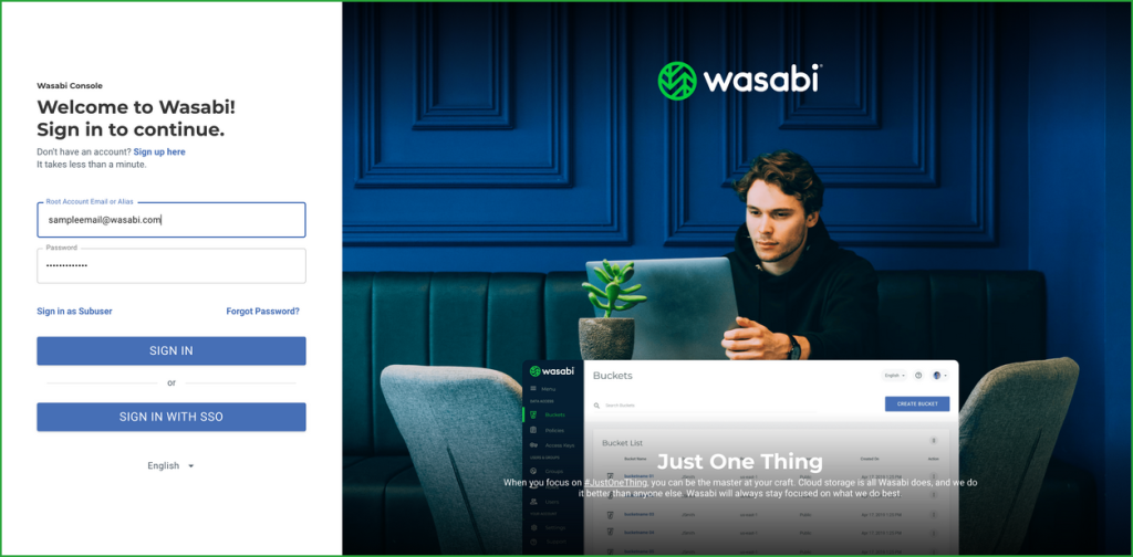 wasabi new login screen